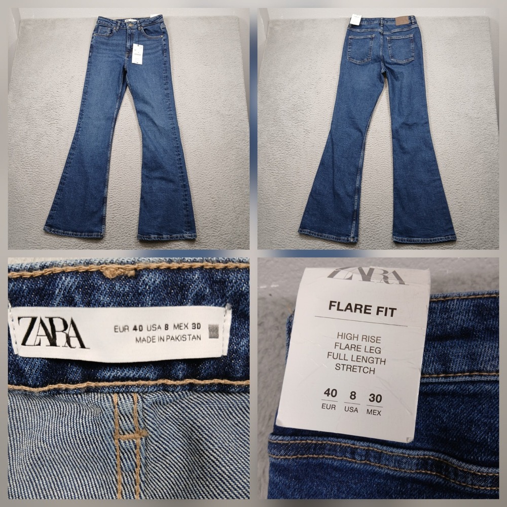 Zara Flare Fit Jeans Women's US 8 Blue High‎ Rise Stretch NWT